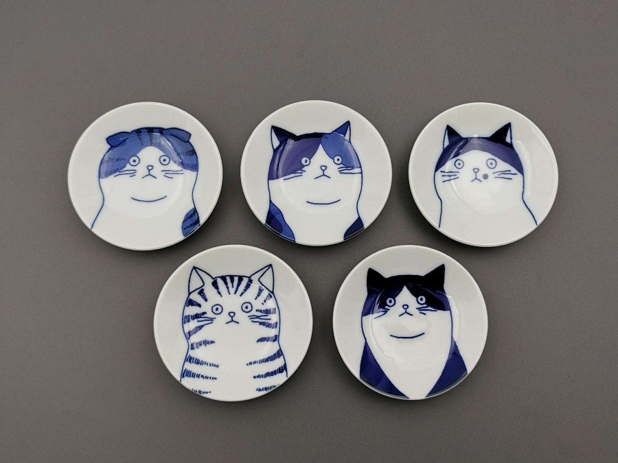 Houseware * | Top Selling Mino Ware Mini Round Plate / Dish Set Of Five Japanese Cats Faces