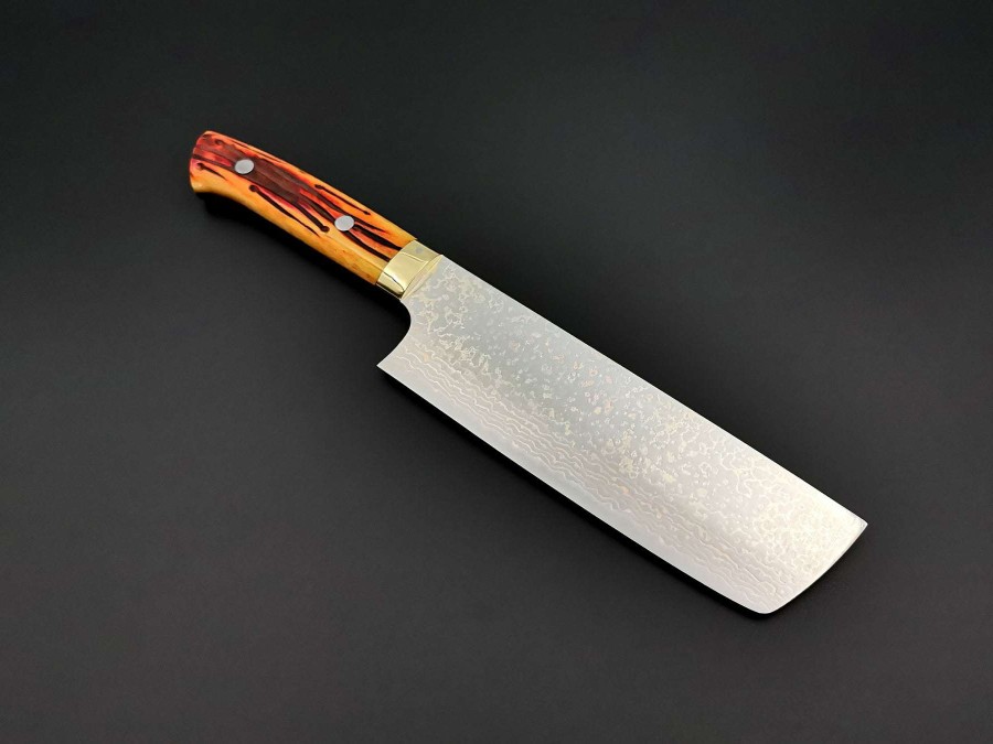 Knives * | Gift Selection Takeshi Saji Vg10 Rainbow Damascus Nakiri With Orange Bone Handle