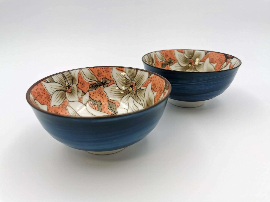 Houseware * | Top Selling Mino Ware Ceramic Pair Of Rice Bowls Blue & Red Magnolia