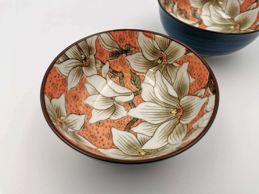 Houseware * | Top Selling Mino Ware Ceramic Pair Of Rice Bowls Blue & Red Magnolia