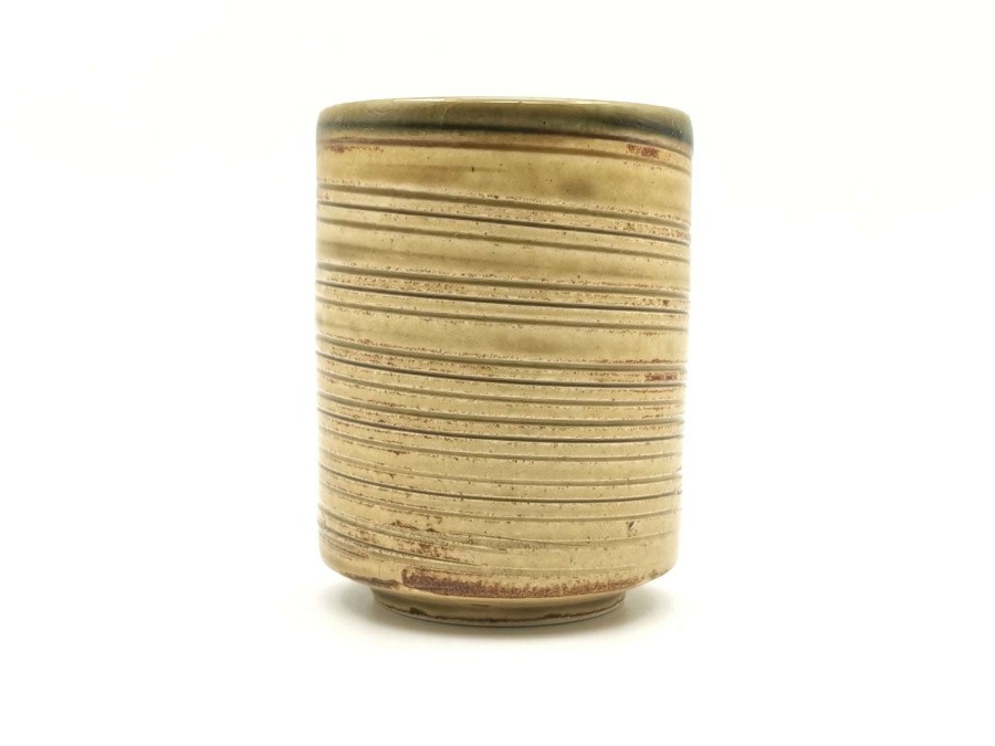 Houseware * | Top Selling Mino Ware Yunomi Chawan Tea Cup Ochre Stripe & Green Glaze