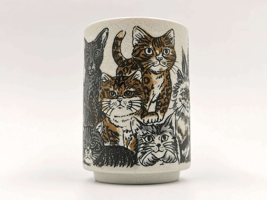 Houseware * | Hot Selling Mino Ware Sushi Yunomi Chawan Tea Cup Cats, Cats, Cats!