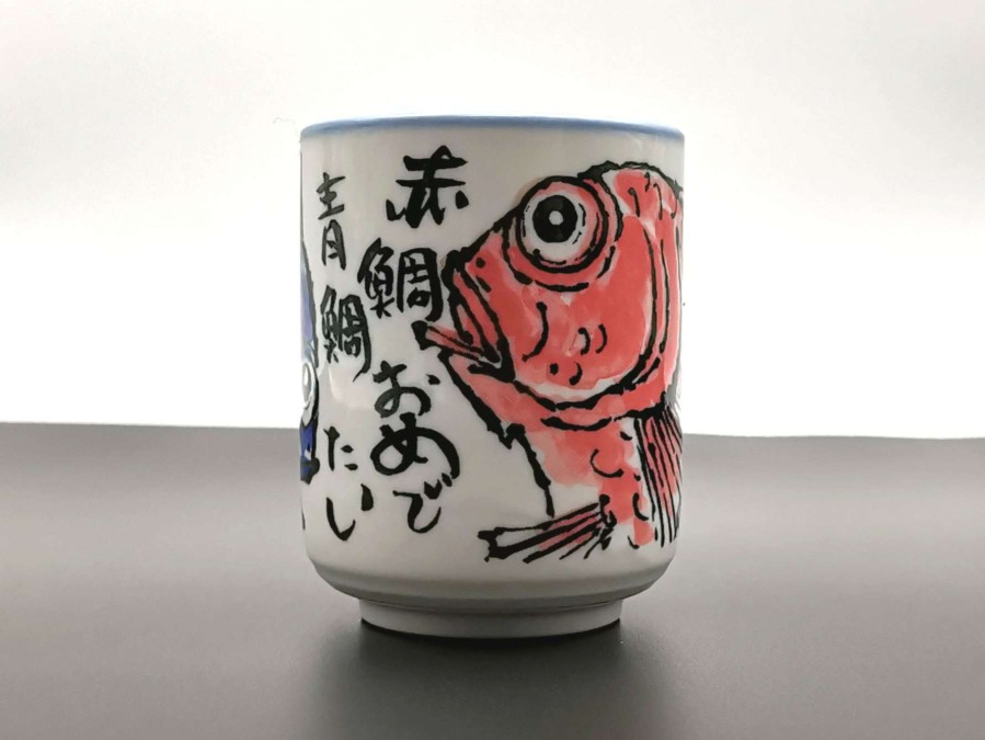 Houseware * | Lower Prices Mino Ware Yunomi Chawan Tea Cup Red & Blue Sea Bream