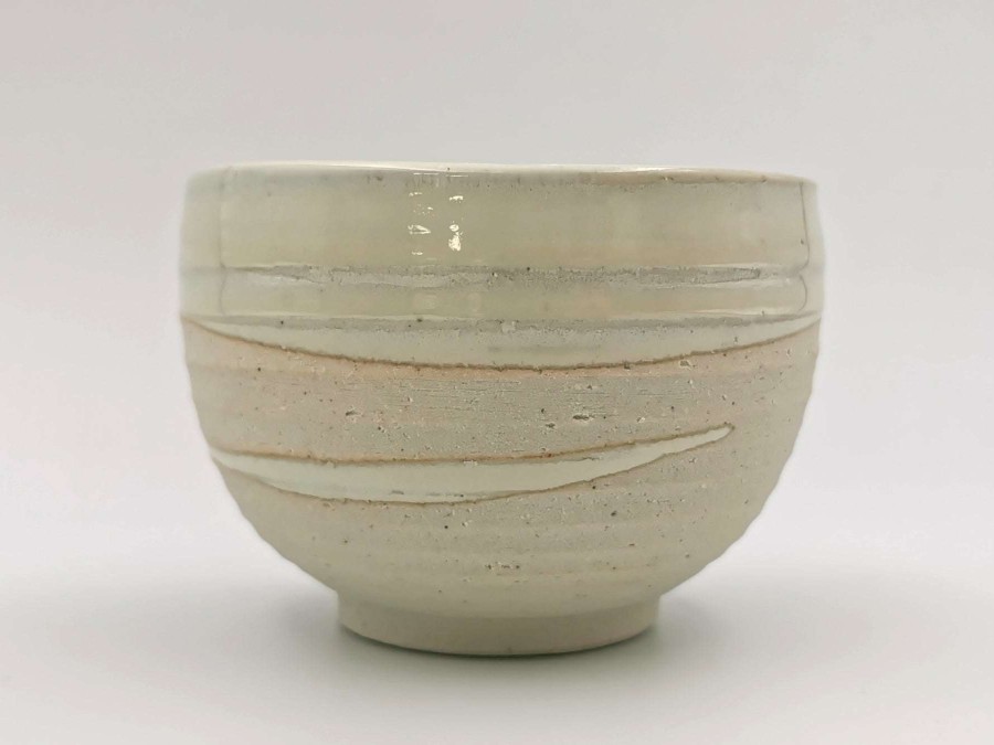 Houseware * | Gift Selection Mino Ware Large Matcha/Rice Bowl Matte White Brown Stripe