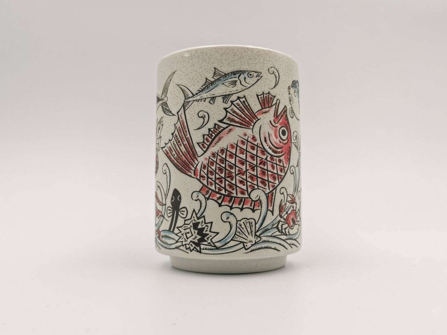 Houseware * | Discounts Mino Ware Sushi Yunomi Chawan Tea Cup Red Sea Bream & Other Creatures