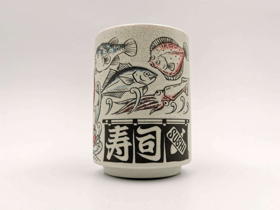 Houseware * | Discounts Mino Ware Sushi Yunomi Chawan Tea Cup Red Sea Bream & Other Creatures