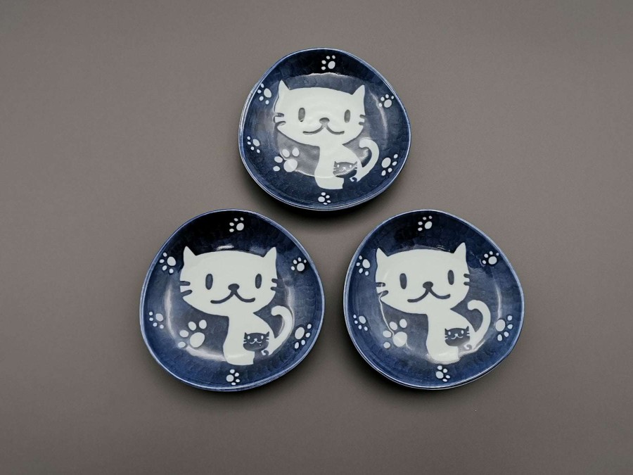 Houseware * | Best Price Mino Ware Navy Cat Rounded Plates (Set Of 3)