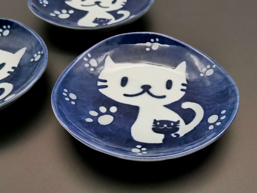 Houseware * | Best Price Mino Ware Navy Cat Rounded Plates (Set Of 3)