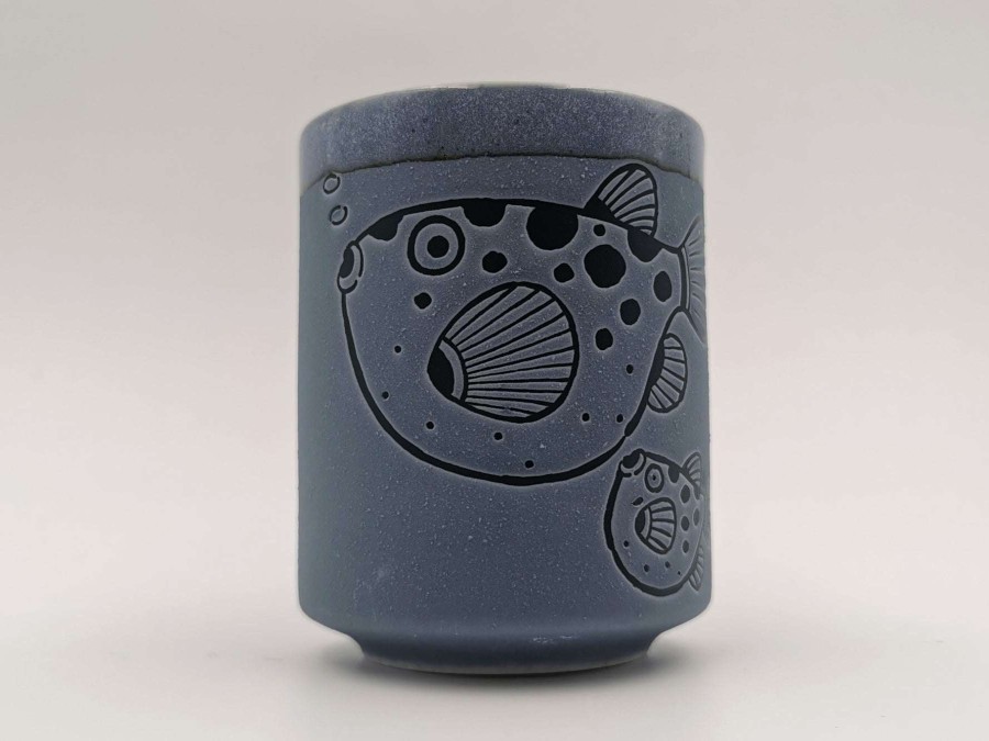 Houseware * | Special Style Mino Ware Yunomi Chawan Tea Cup Aqua Blue Pufferfish