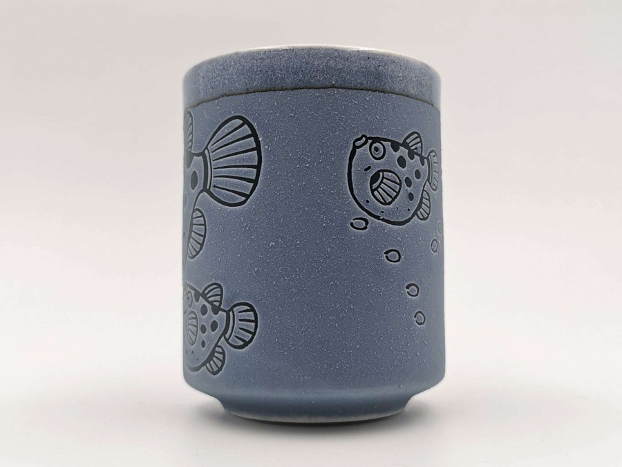 Houseware * | Special Style Mino Ware Yunomi Chawan Tea Cup Aqua Blue Pufferfish