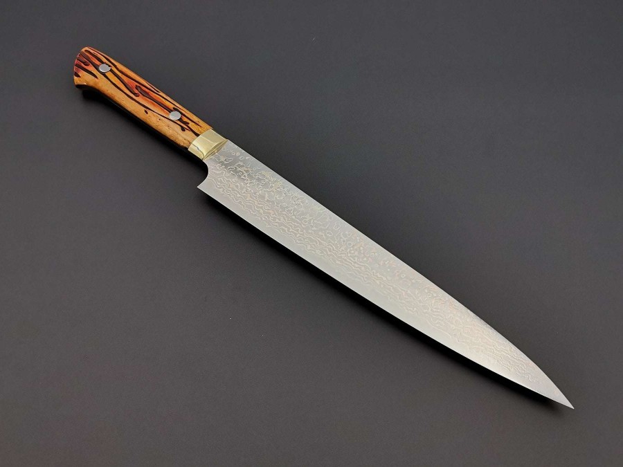 Knives * | Top Selling Takeshi Saji Vg10 Rainbow Damascus Sujihiki 240Mm With Orange Bone Handle