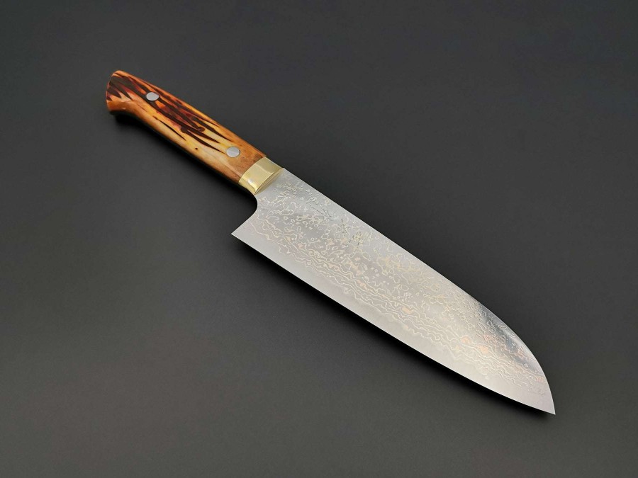 Knives * | Gift Selection Takeshi Saji Vg10 Rainbow Damascus Santoku With Orange Bone Handle