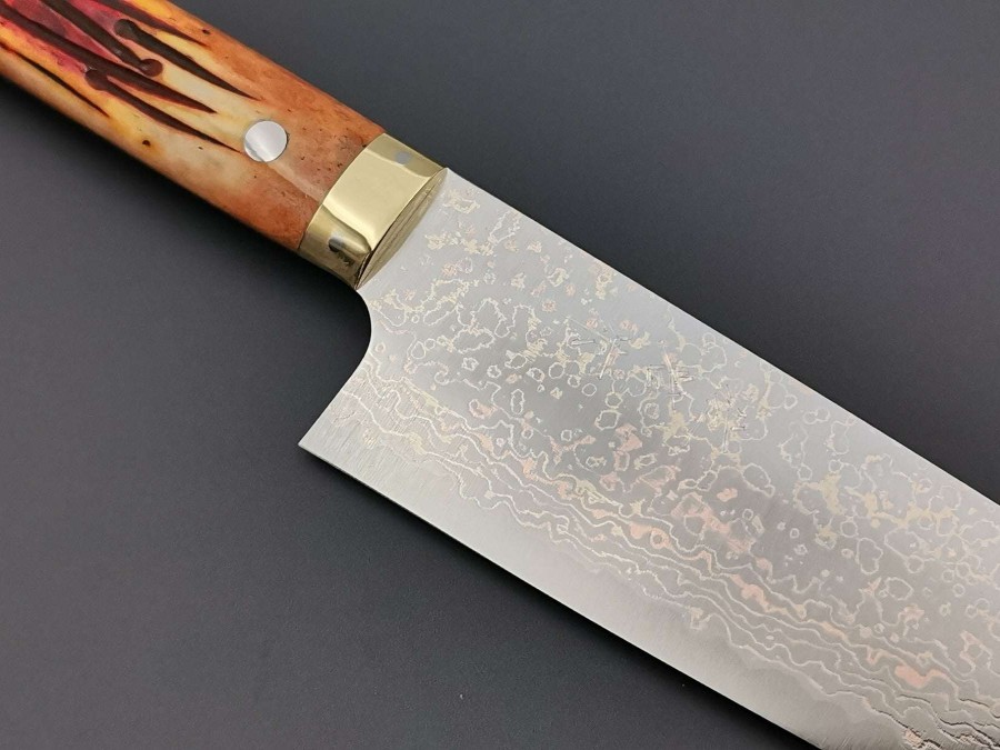 Knives * | Gift Selection Takeshi Saji Vg10 Rainbow Damascus Santoku With Orange Bone Handle